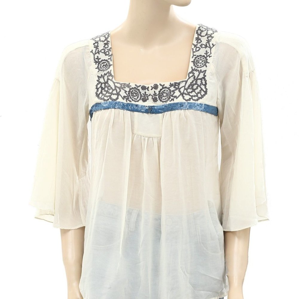 Saivana Anthropologie Embroidered Sequin Ivory Tunic Top Sheer Boho S New - Picture 2 of 5